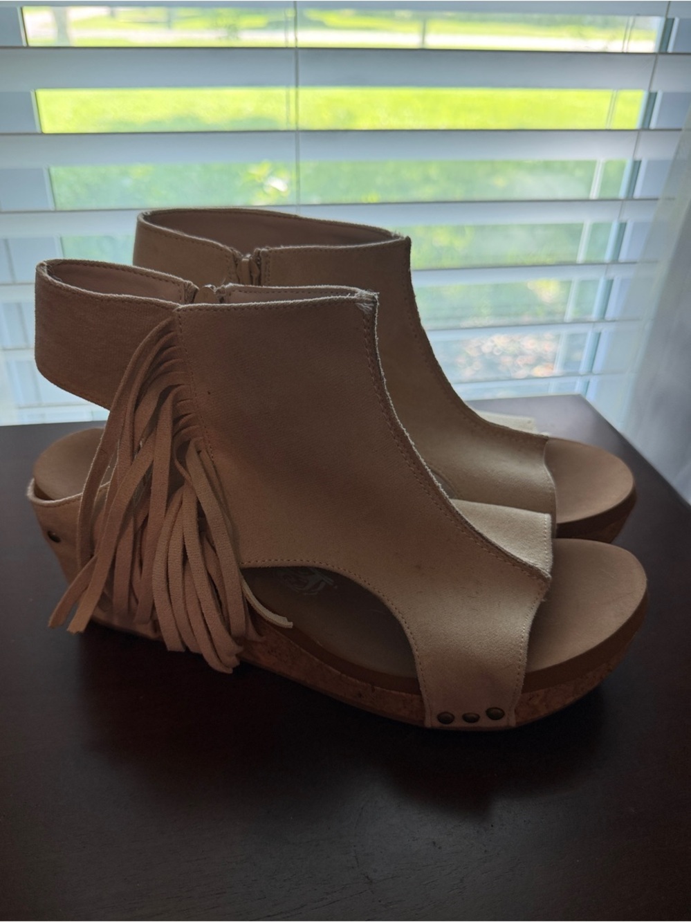 Very G Tan Fringe Cork Wedge Sandals